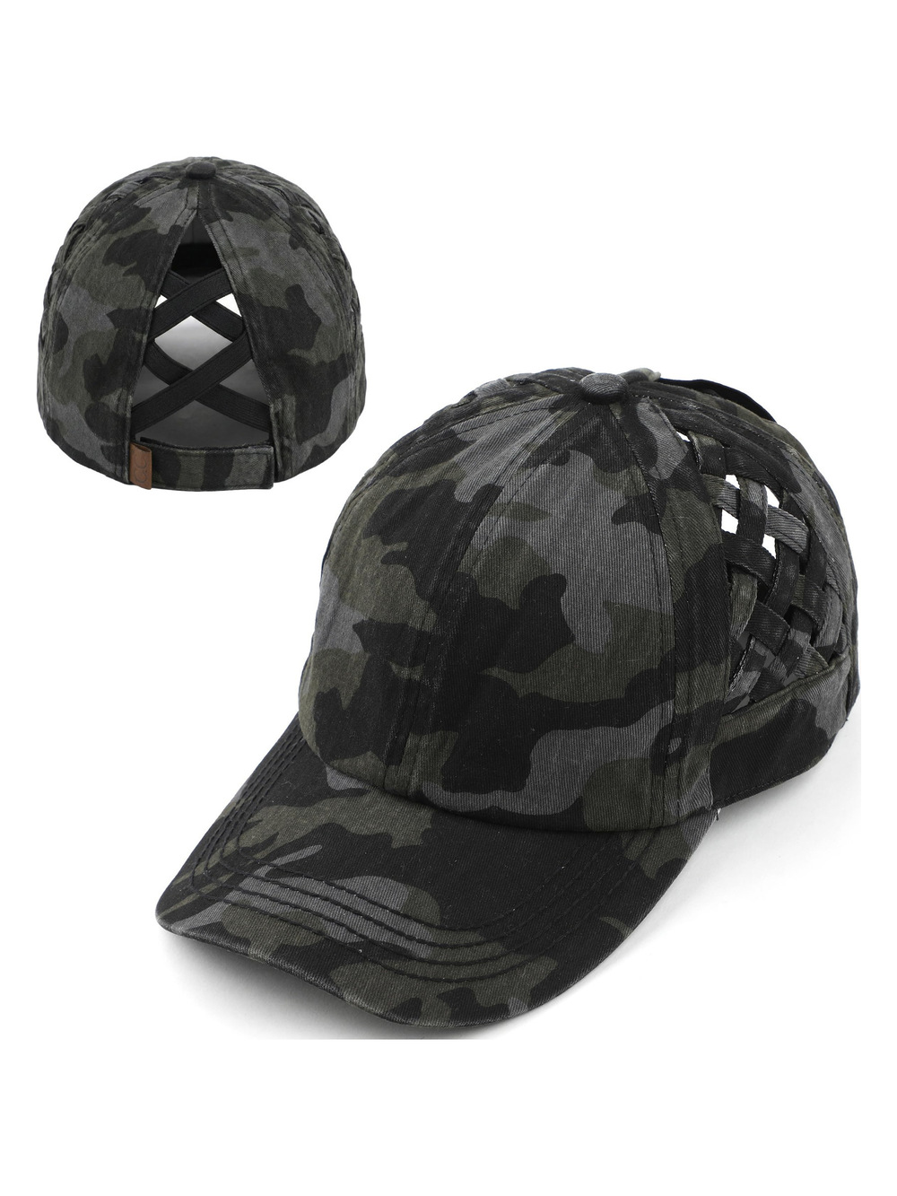 Criss Cross Ponytail Cap, Messy Bun | Basketweave, Black Camo | Size OS